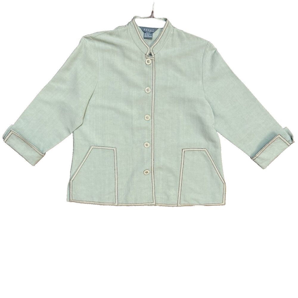 Koret PM Button-Up Blazer Light Sage Mandarin Collar Contrast Stitching PETITE
